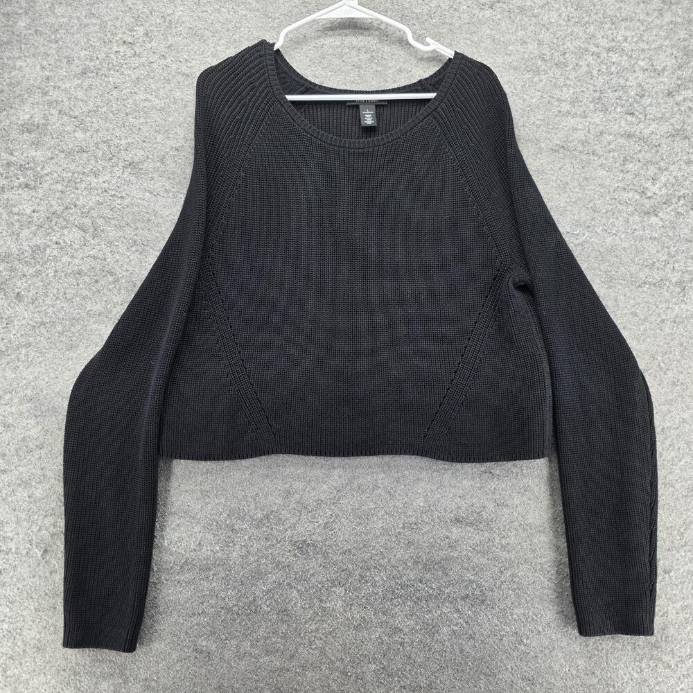 White House Black Market Sweater Pullover Womens L Black Waffle-Knit Cropped